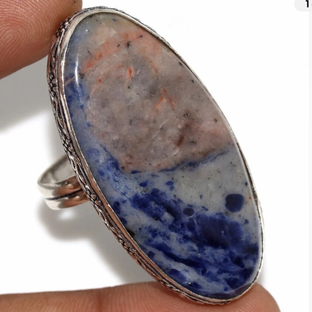 925 Silver Plated Sodalite Ethnic Ring:•
Handmade Jewelry Size US 11.5